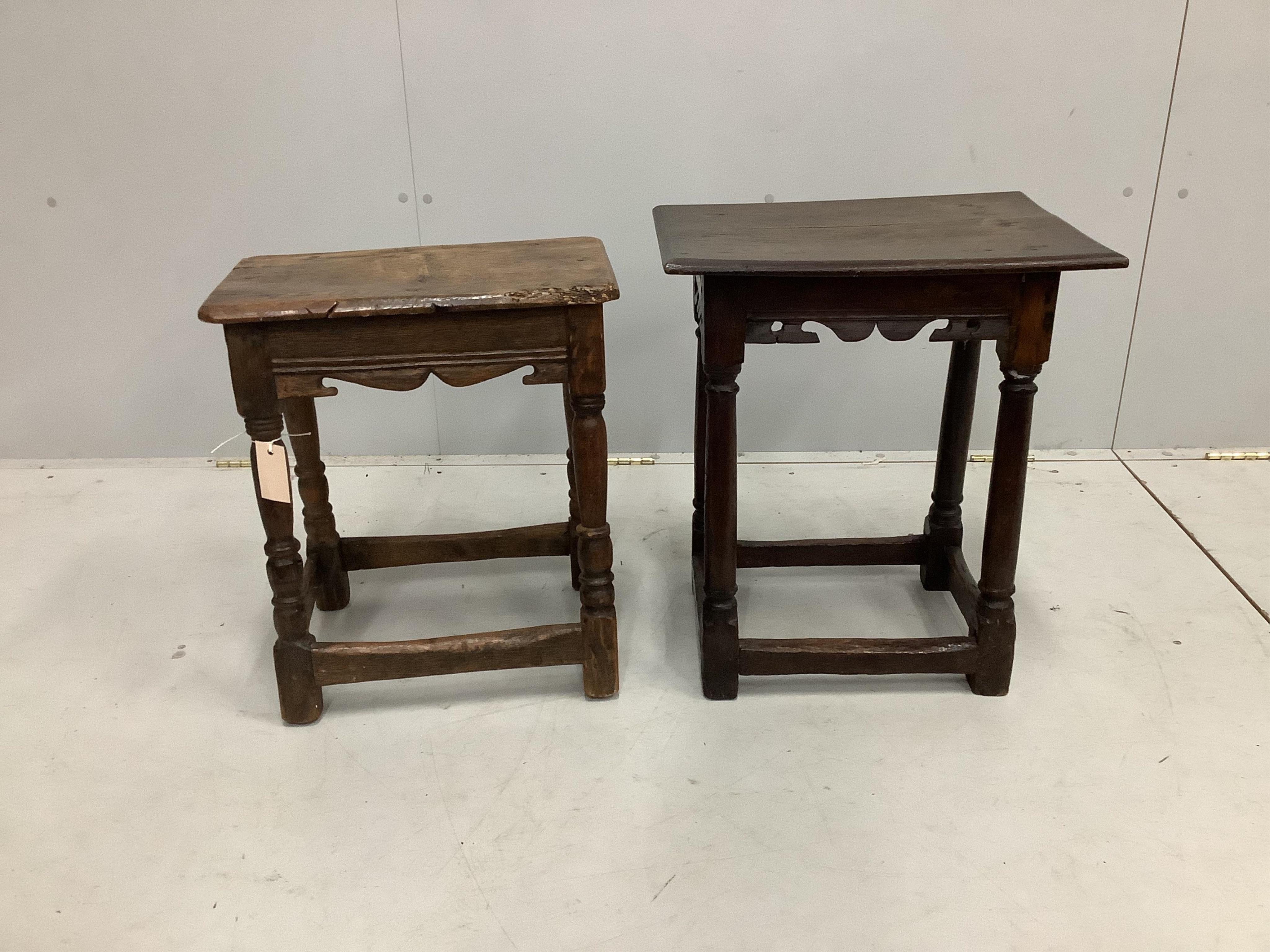 Two 17th century and later rectangular oak joint stools, larger 47cm, depth 32cm, height 55cm. Condition - fair